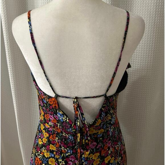 Lost+Wander Black Floral Ruffle Asymmetrical Hi Low Tie Back Midi Dress S New - Picture 9 of 12